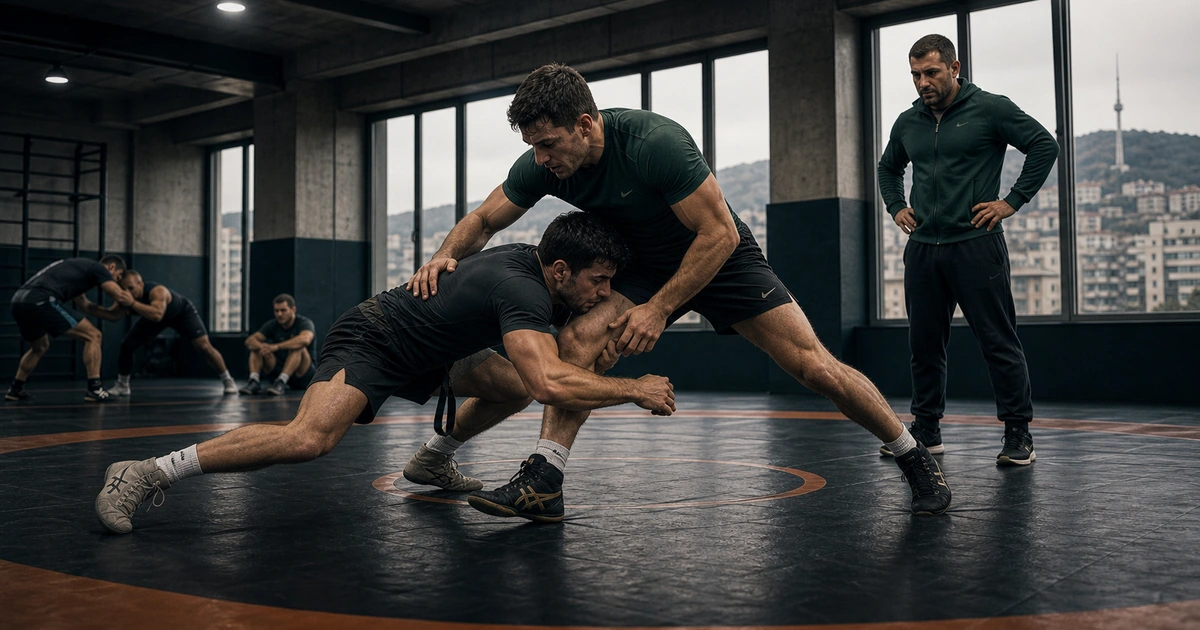 Generated editorial illustration for Freestyle Wrestling Camp in Georgia: Leg Attacks, Finishes and Live Rounds in Tbilisi, Georgia