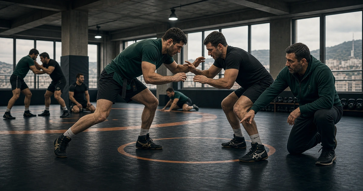 cinematic wrestling camp scene in Georgia showing what the week should train