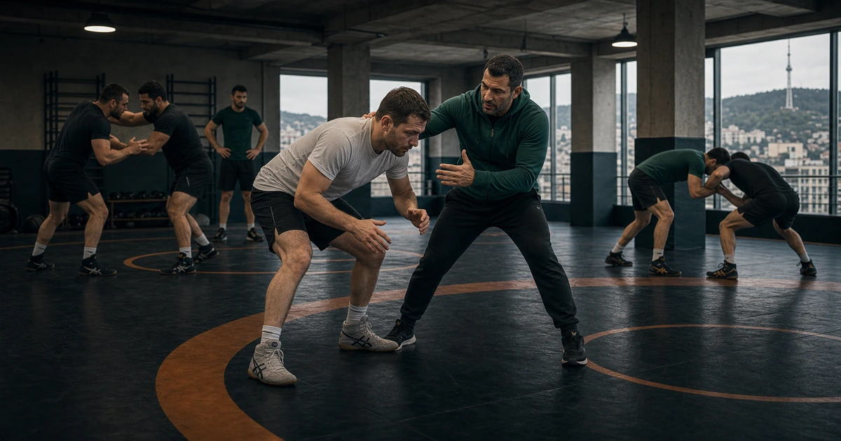 cinematic wrestling camp scene in Georgia showing beginner expectations