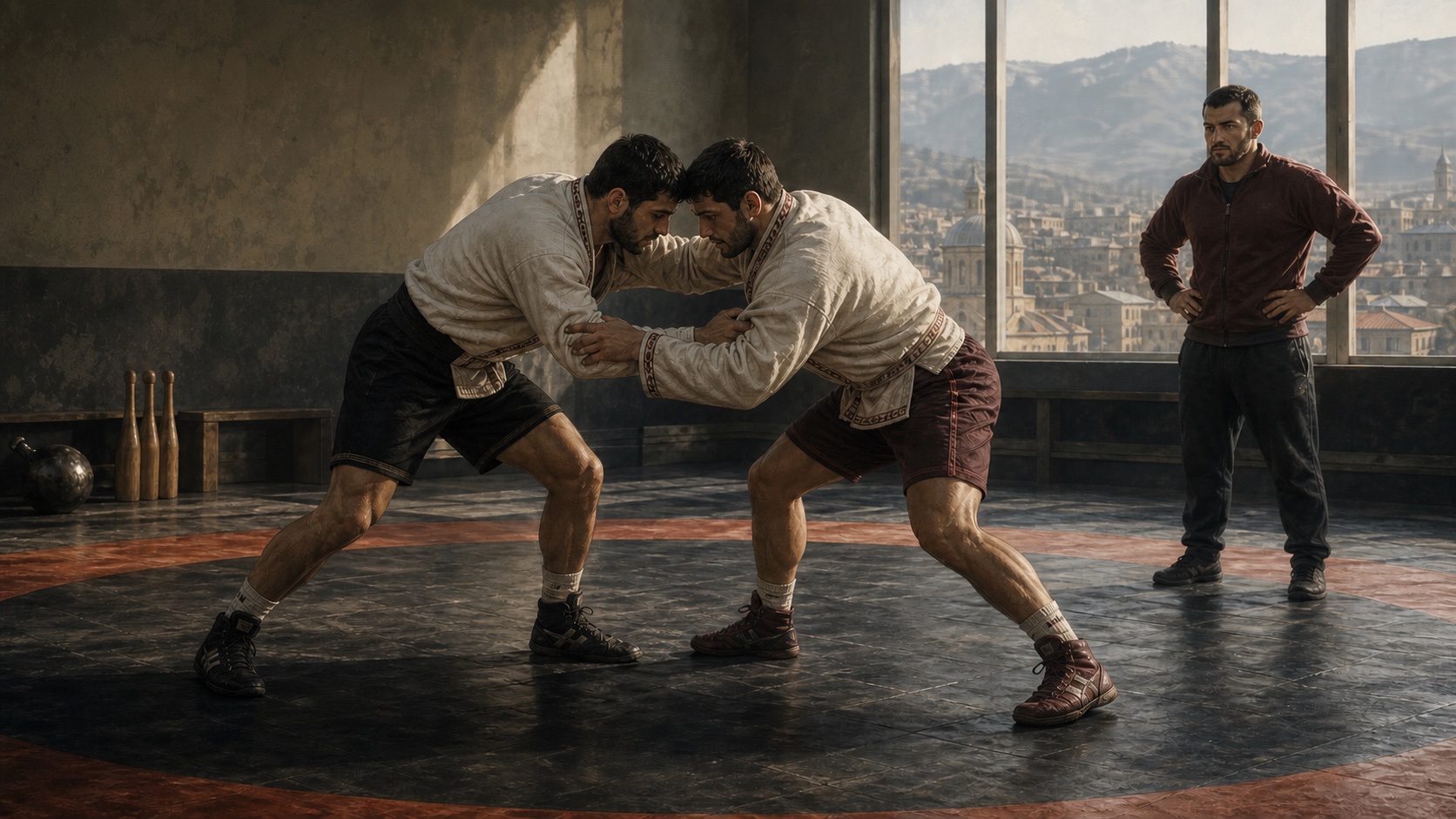 Two athletes drilling Chidaoba-inspired jacket grips in a Tbilisi wrestling gym while a coach observes