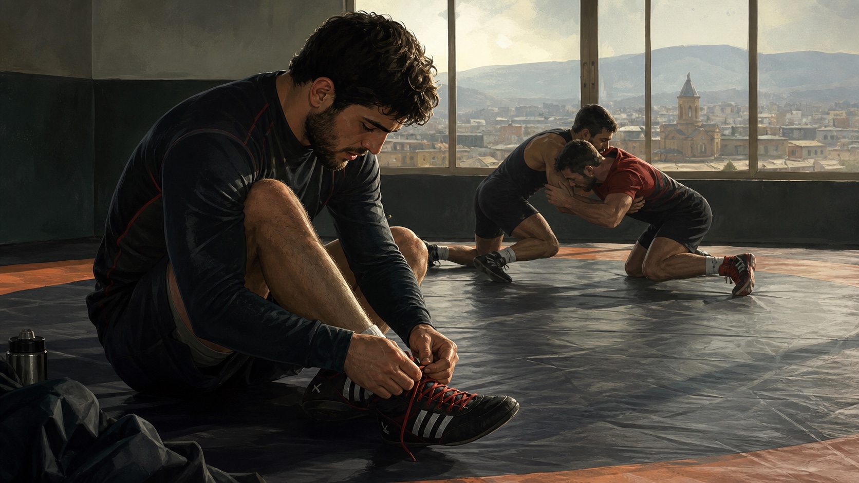 Wrestlers training inside a Tbilisi gym with the city and Caucasus mountains visible through the windows