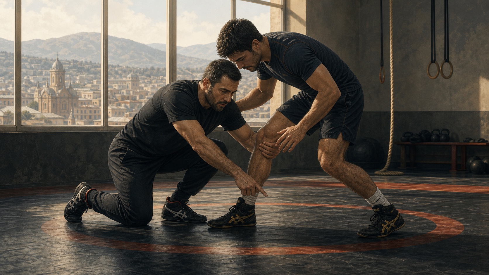 A wrestling coach teaching takedown hand placement to a BJJ athlete in Tbilisi