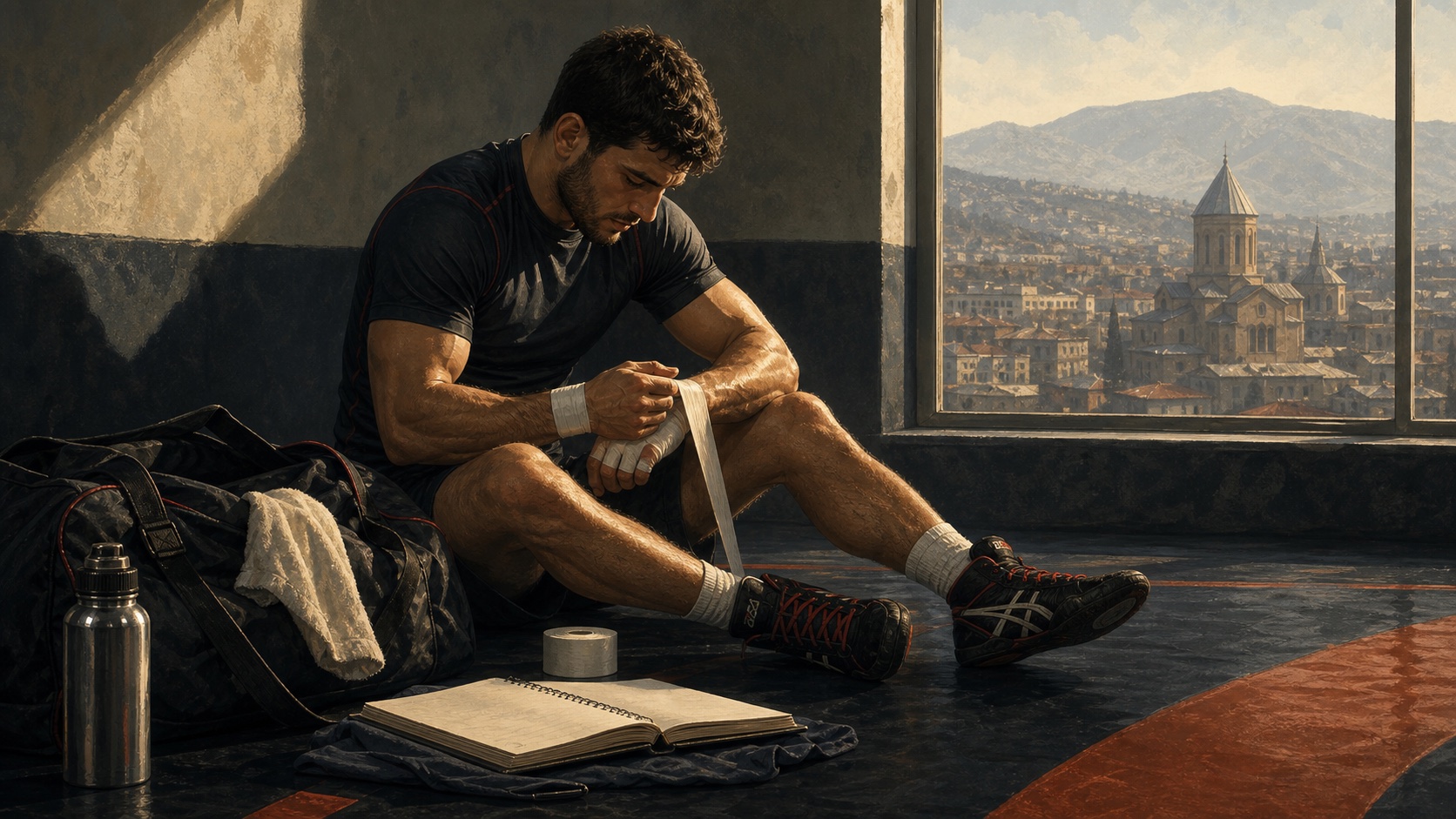 A grappler preparing tape and training gear before a takedown session in Tbilisi